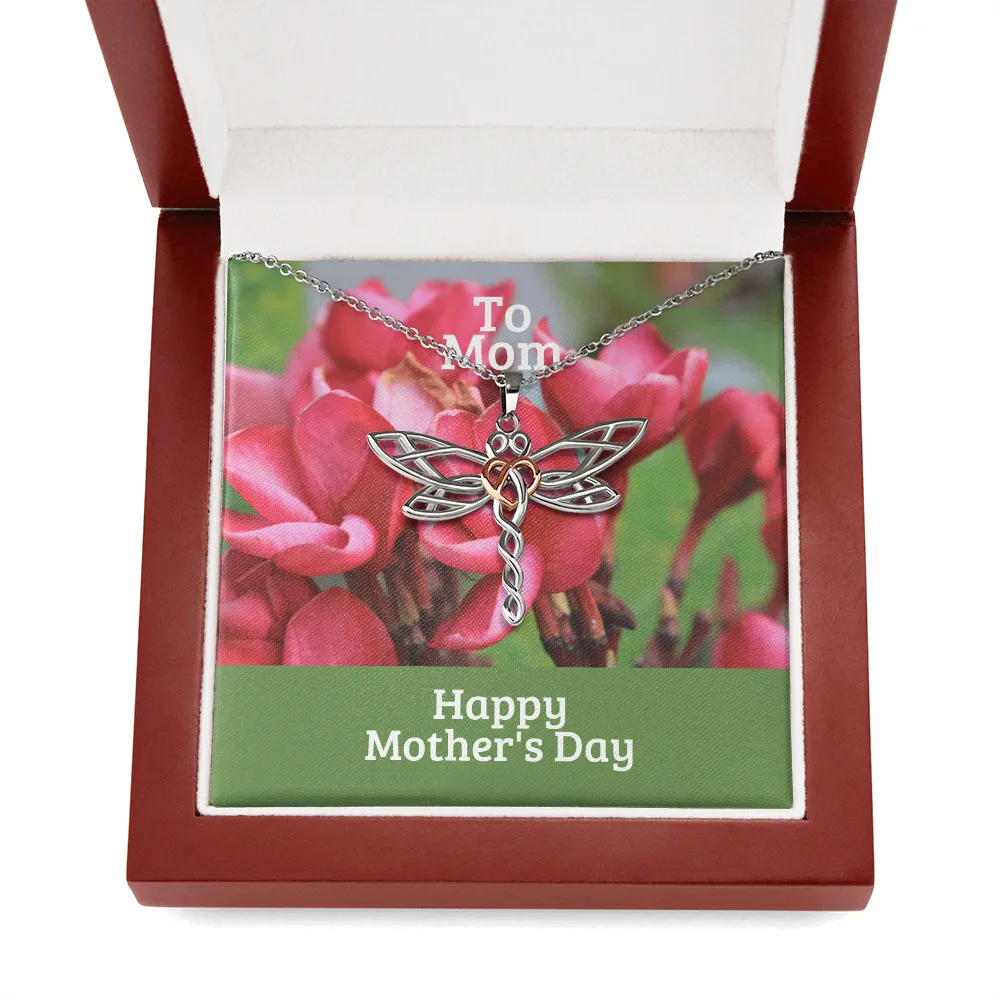 Happy Mother's Day to Mom Red Flowers Dragonfly Necklace