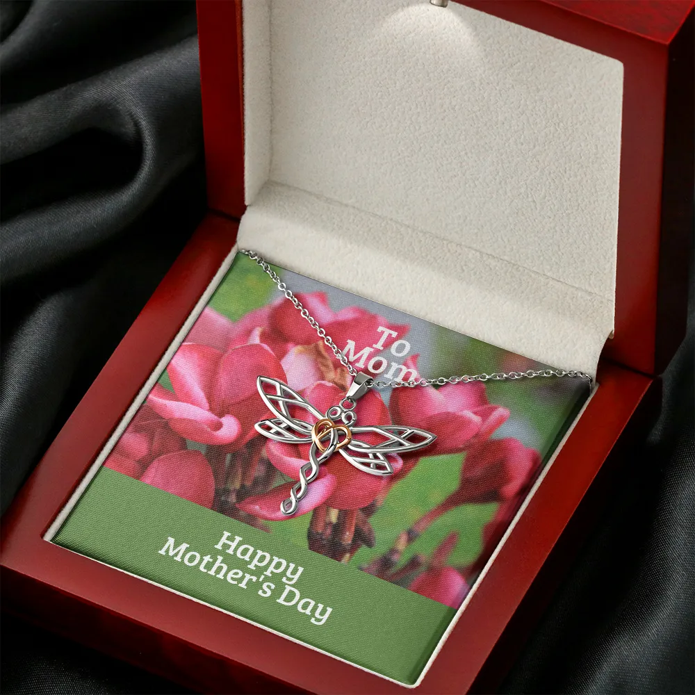 Happy Mother's Day to Mom Red Flowers Dragonfly Necklace
