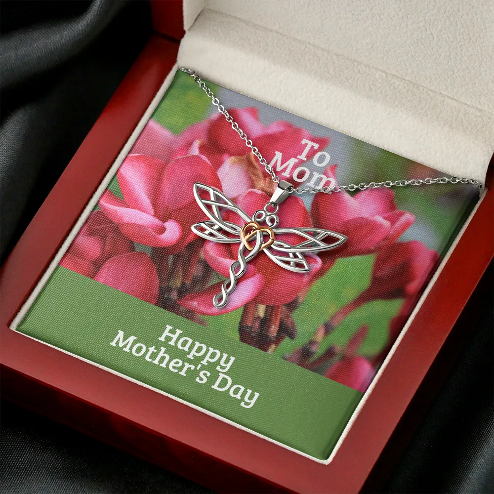 Happy Mother's Day to Mom Red Flowers Dragonfly Necklace