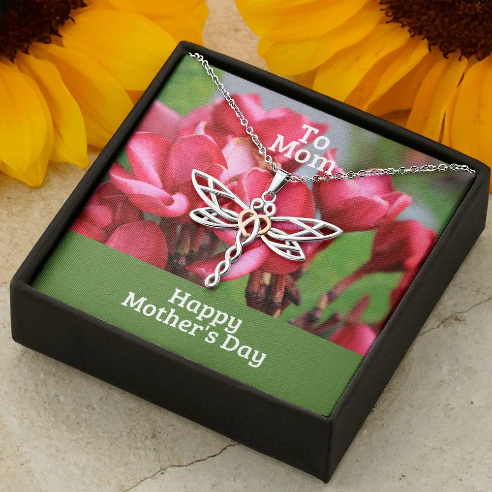 Happy Mother's Day to Mom Red Flowers Dragonfly Necklace