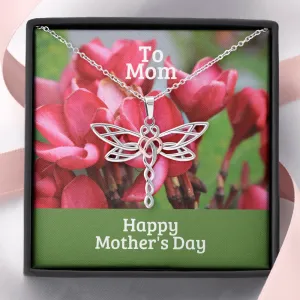 Happy Mother's Day to Mom Red Flowers Dragonfly Necklace
