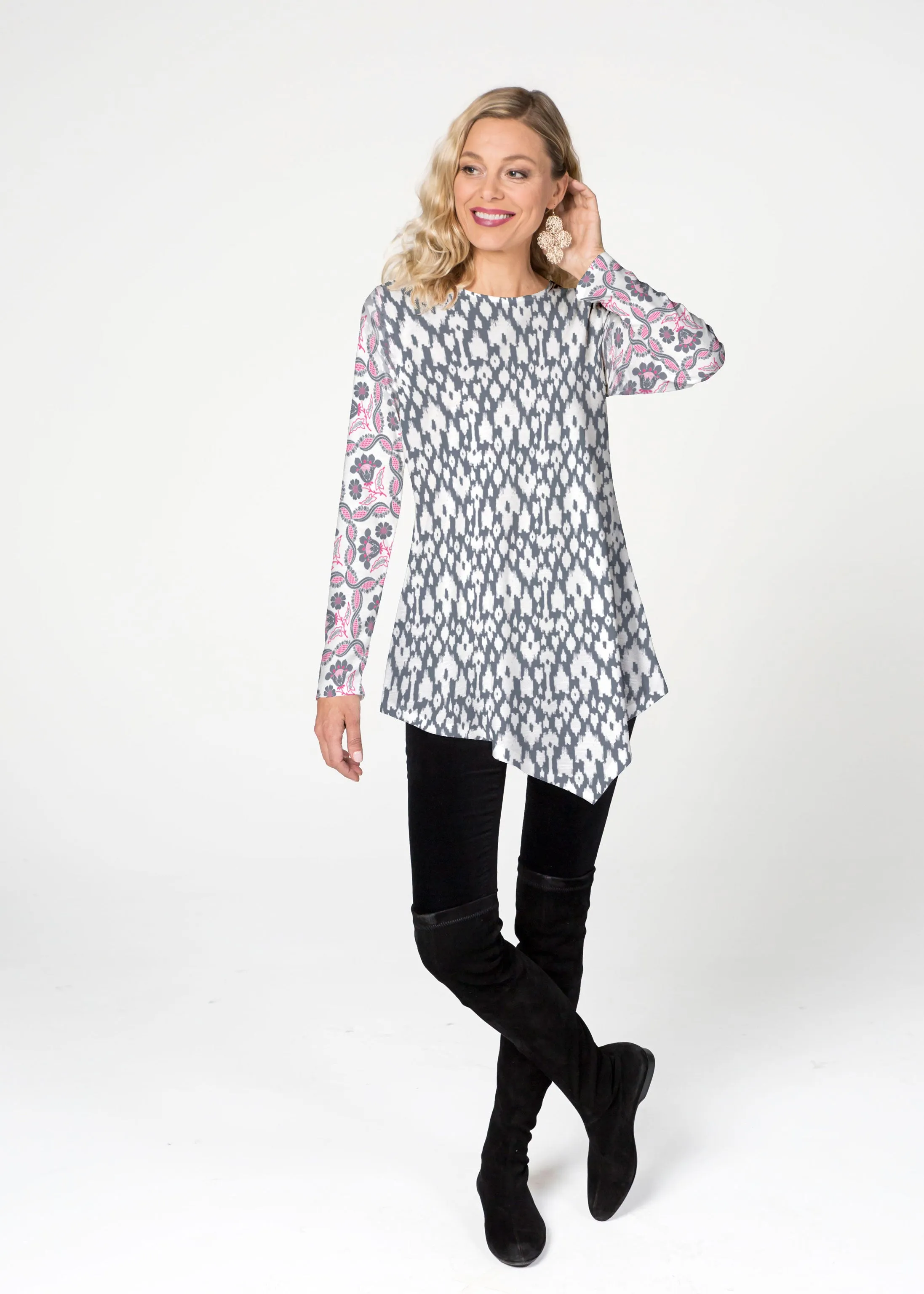 Ikat Lattice Pink (7975) ~ Asymmetrical French Terry Tunic