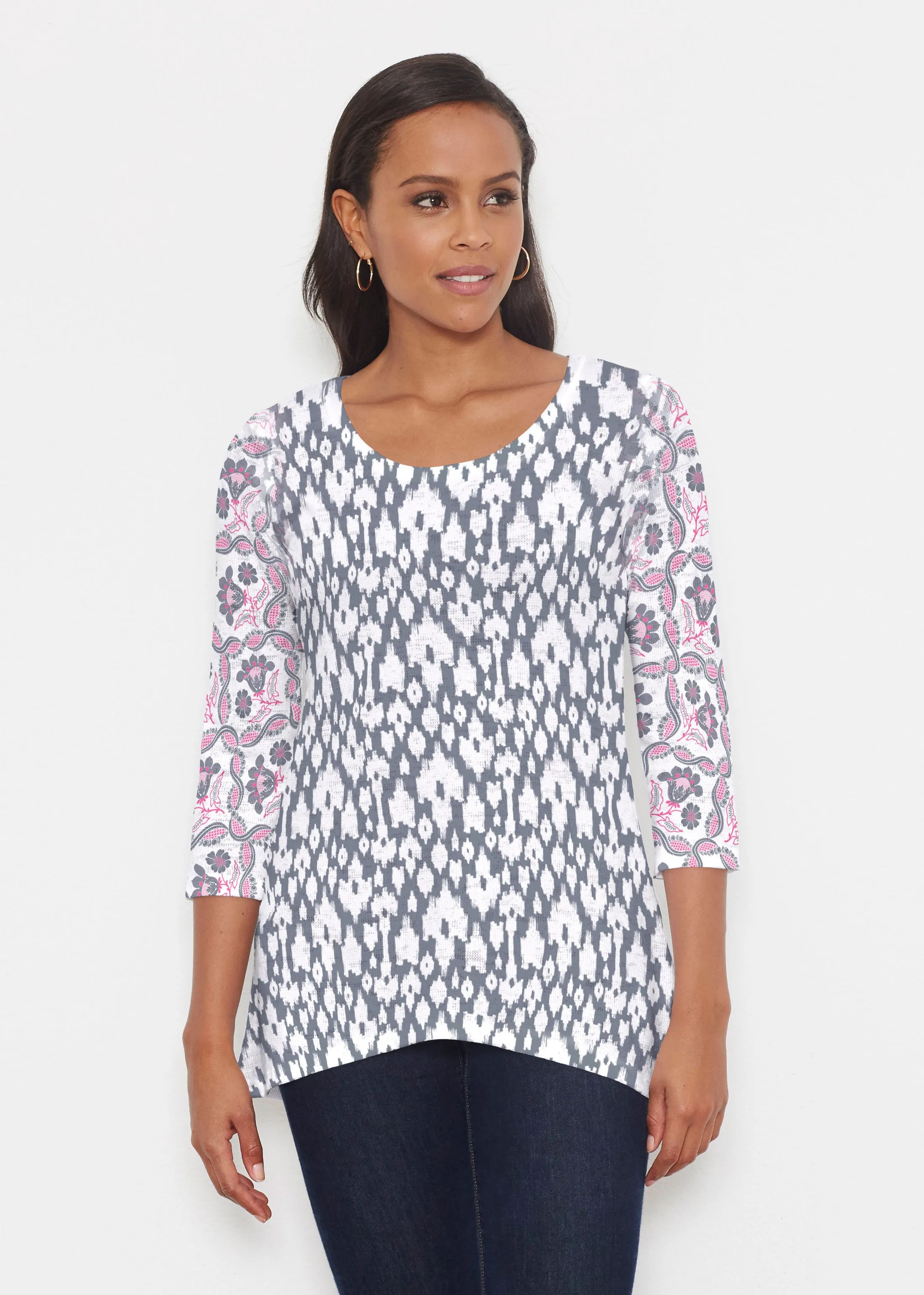 Ikat Lattice Pink (7975) ~ Katherine Hi-Lo Thermal Tunic