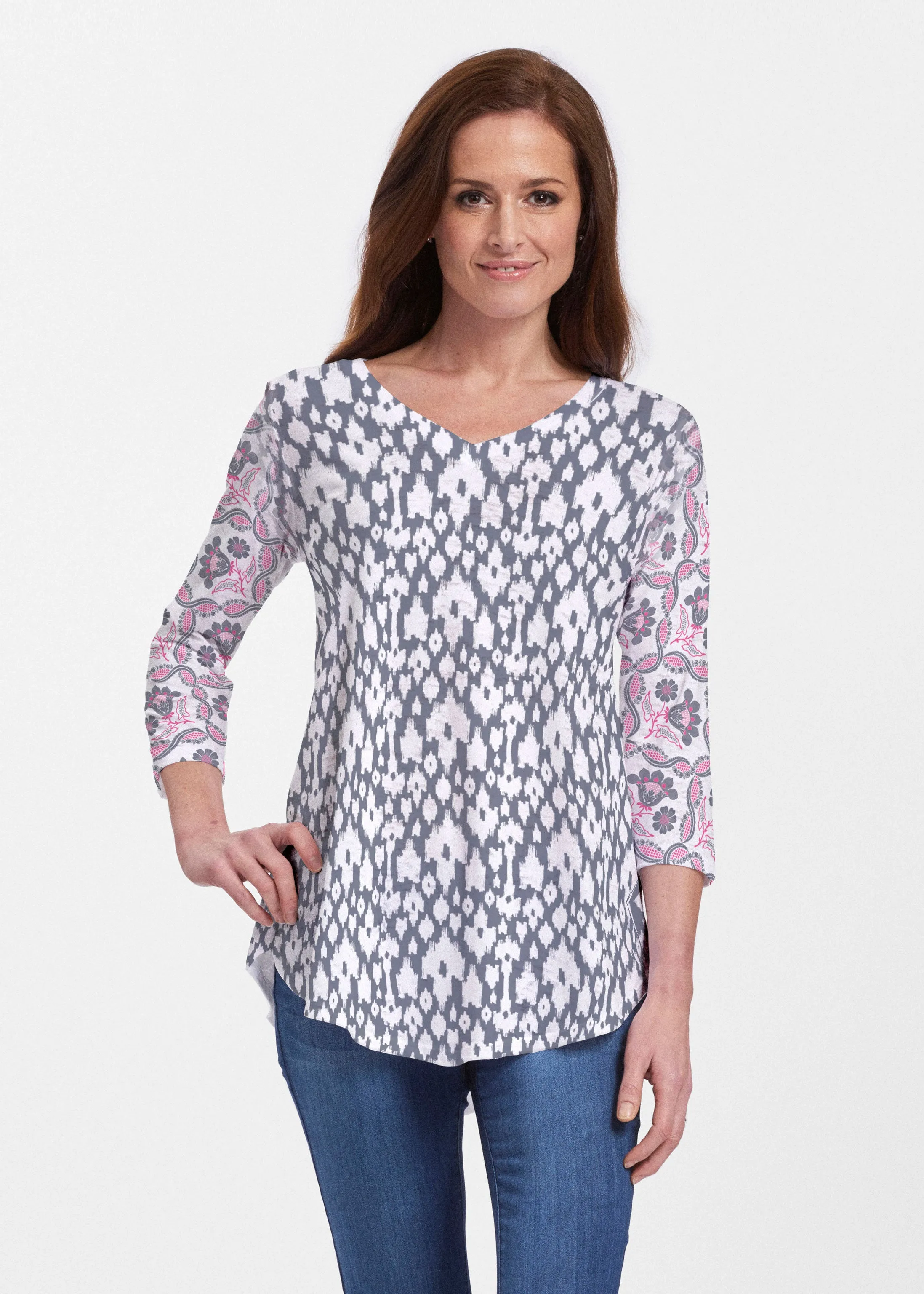 Ikat Lattice Pink (7975) ~ V-neck Flowy Tunic