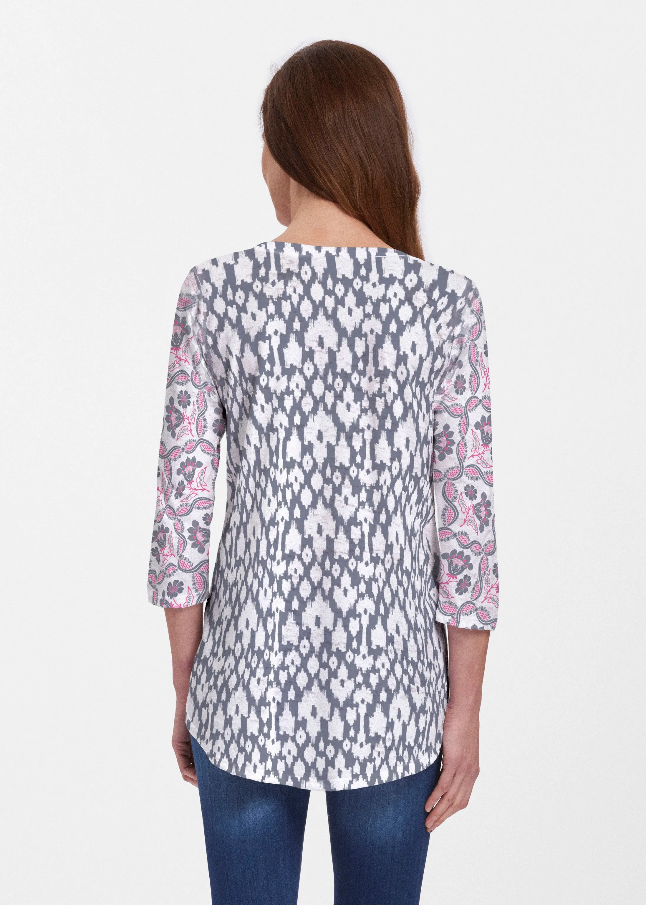 Ikat Lattice Pink (7975) ~ V-neck Flowy Tunic