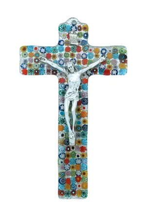 Italian Murano Glass Crucifix with Multi-Colored Flowers, 9 in.