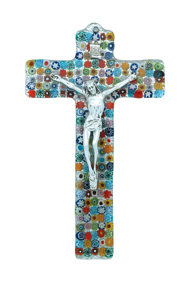 Italian Murano Glass Crucifix with Multi-Colored Flowers, 9 in.
