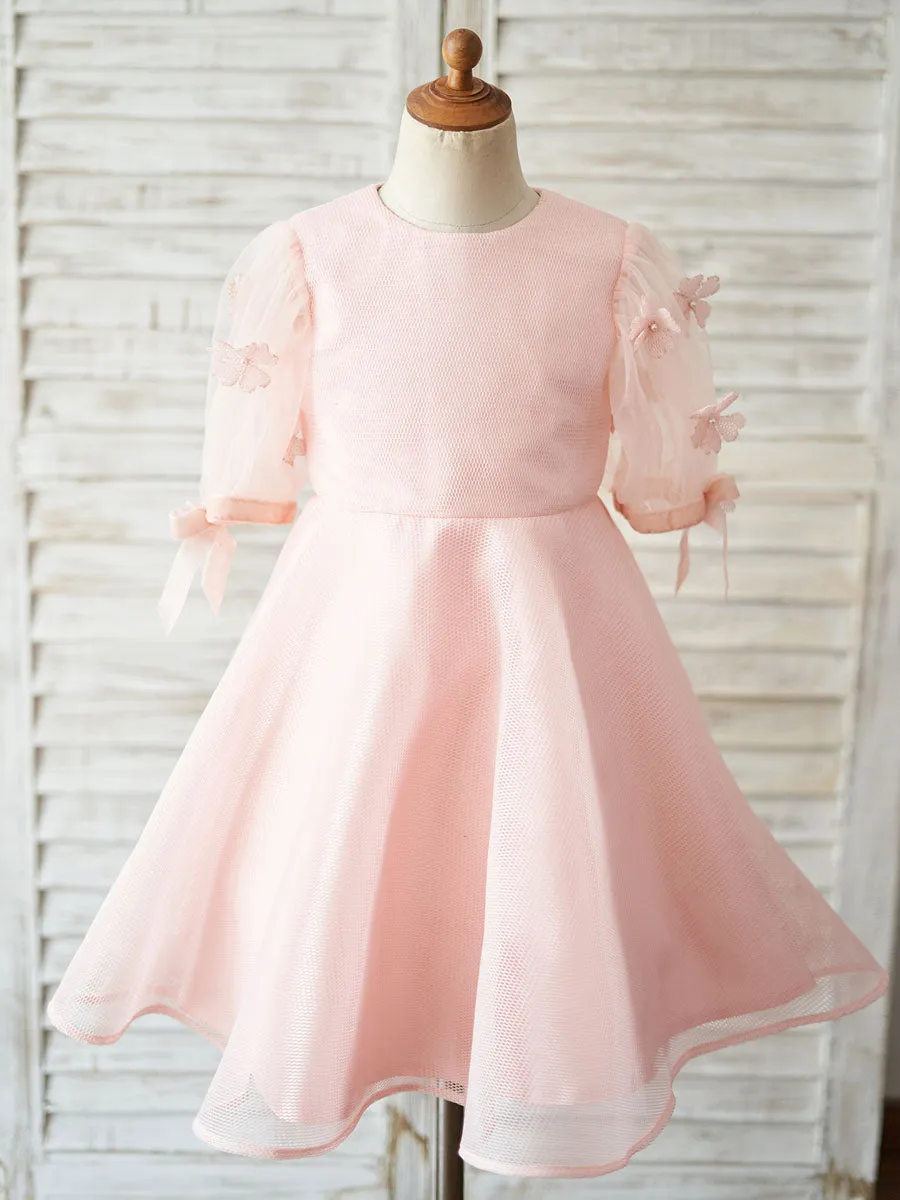 Jewel Neck Short Sleeves Kids Pink Social Party Dresses