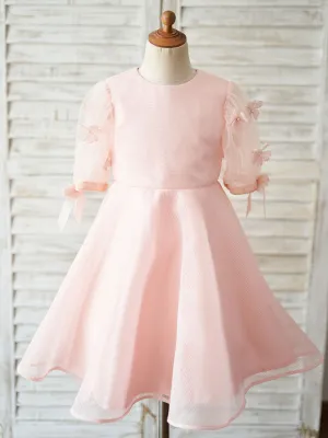 Jewel Neck Short Sleeves Kids Pink Social Party Dresses