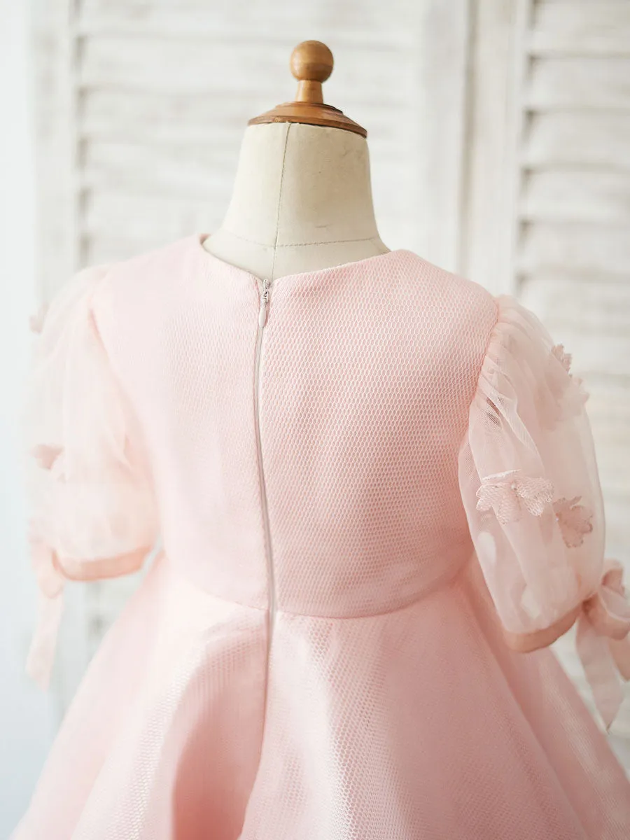 Jewel Neck Short Sleeves Kids Pink Social Party Dresses