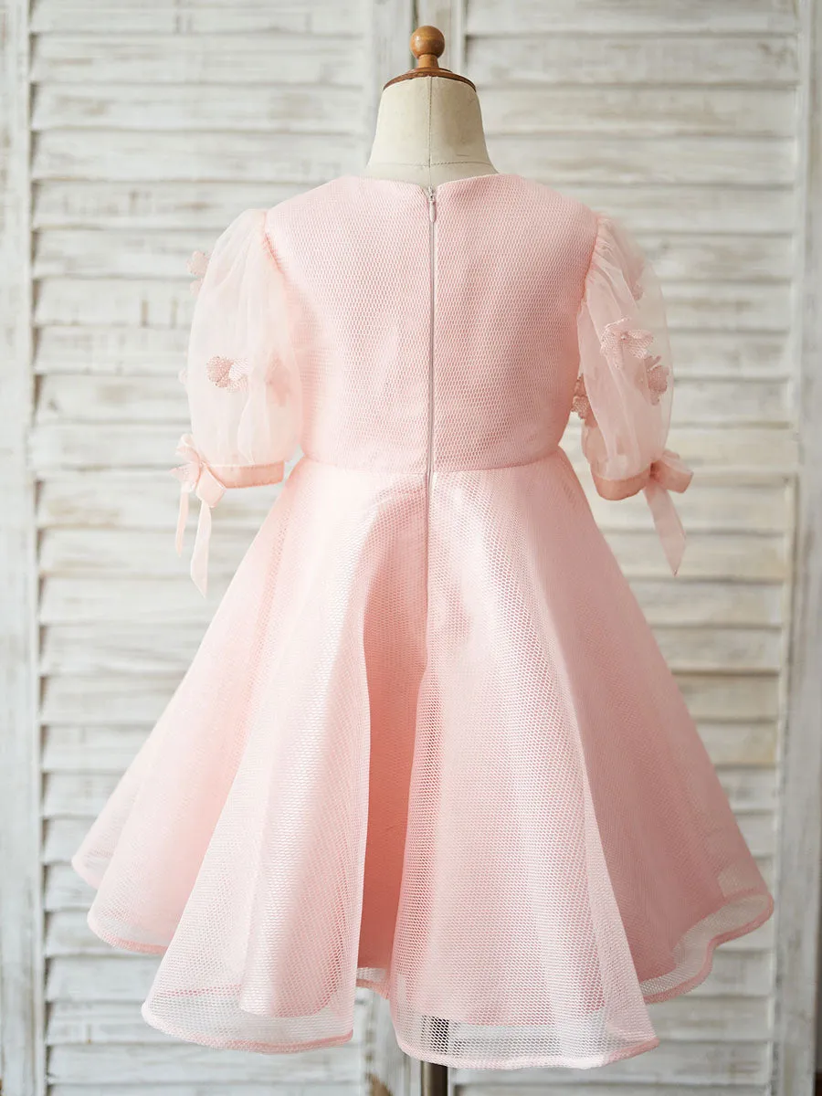 Jewel Neck Short Sleeves Kids Pink Social Party Dresses