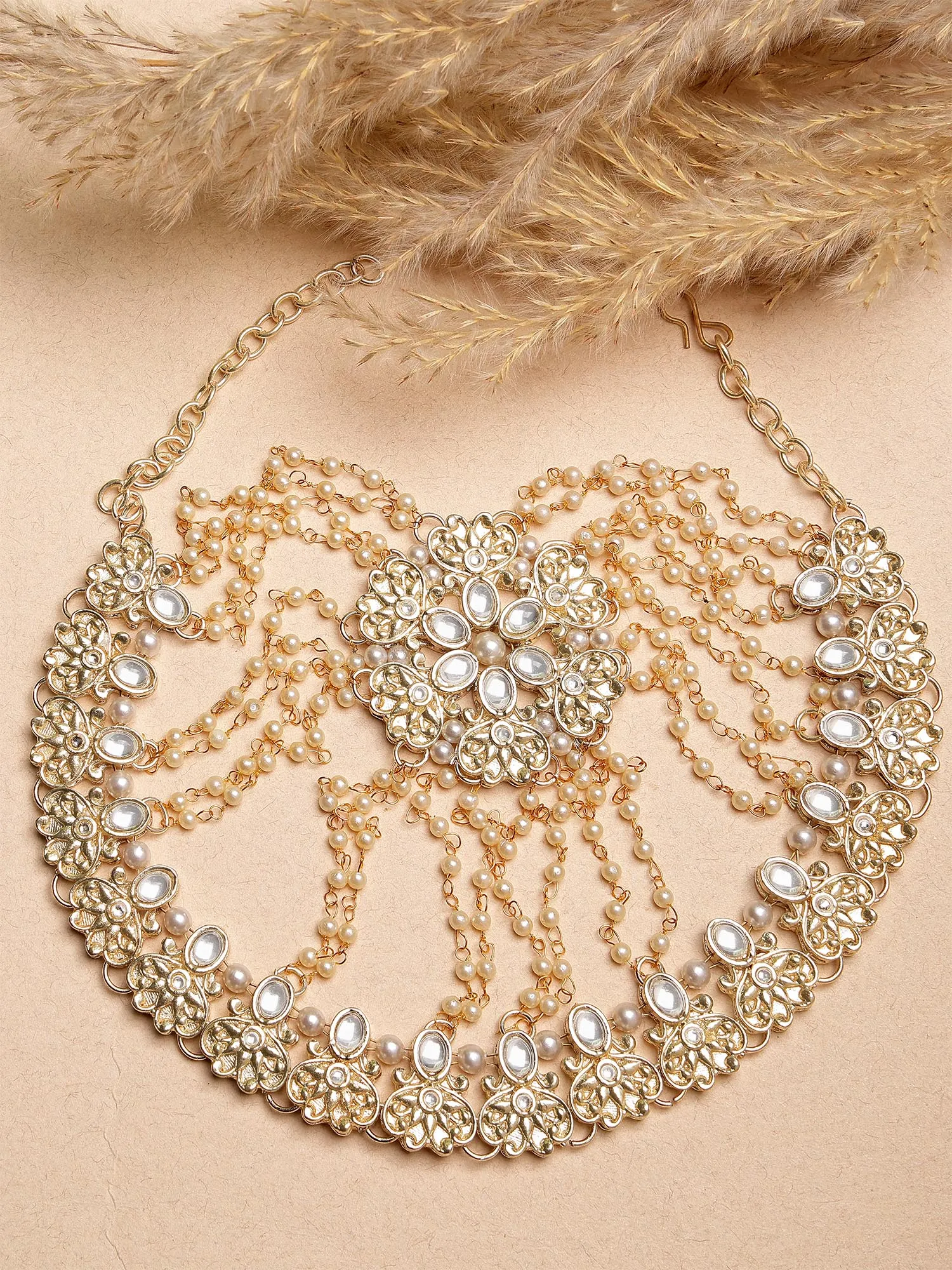 Karacart Gold Plated Floral Design Kundan Hair Juda for Women