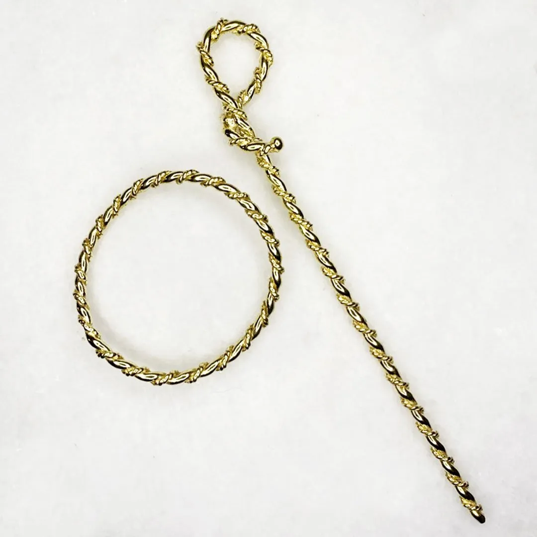 Lariat  - Triple Rope Twist and Arc Ring 14K Gold on Brass Mane Tamer  Hair Pin