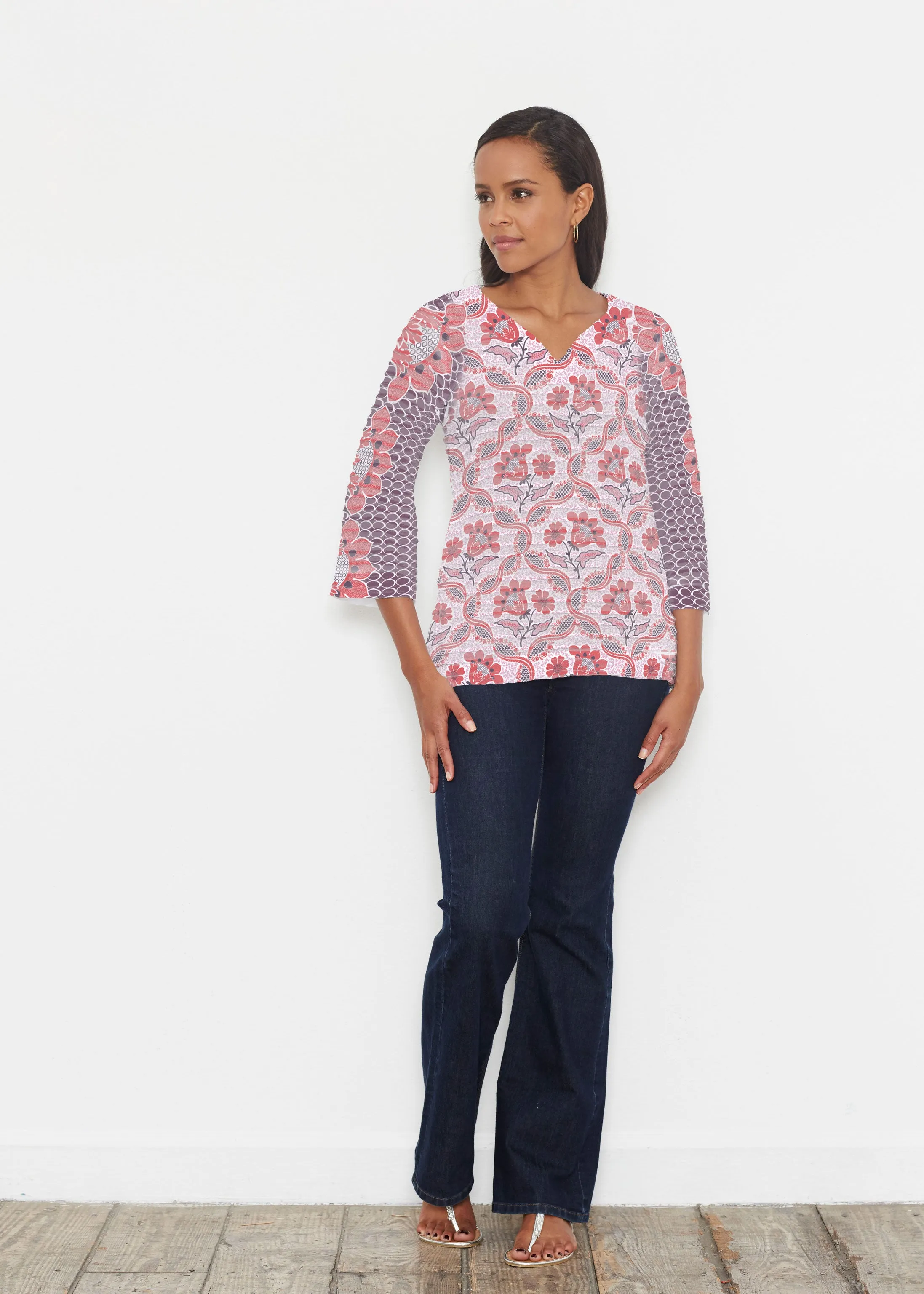 Lattice Floral (7959) ~ Banded 3/4 Bell-Sleeve V-Neck Tunic