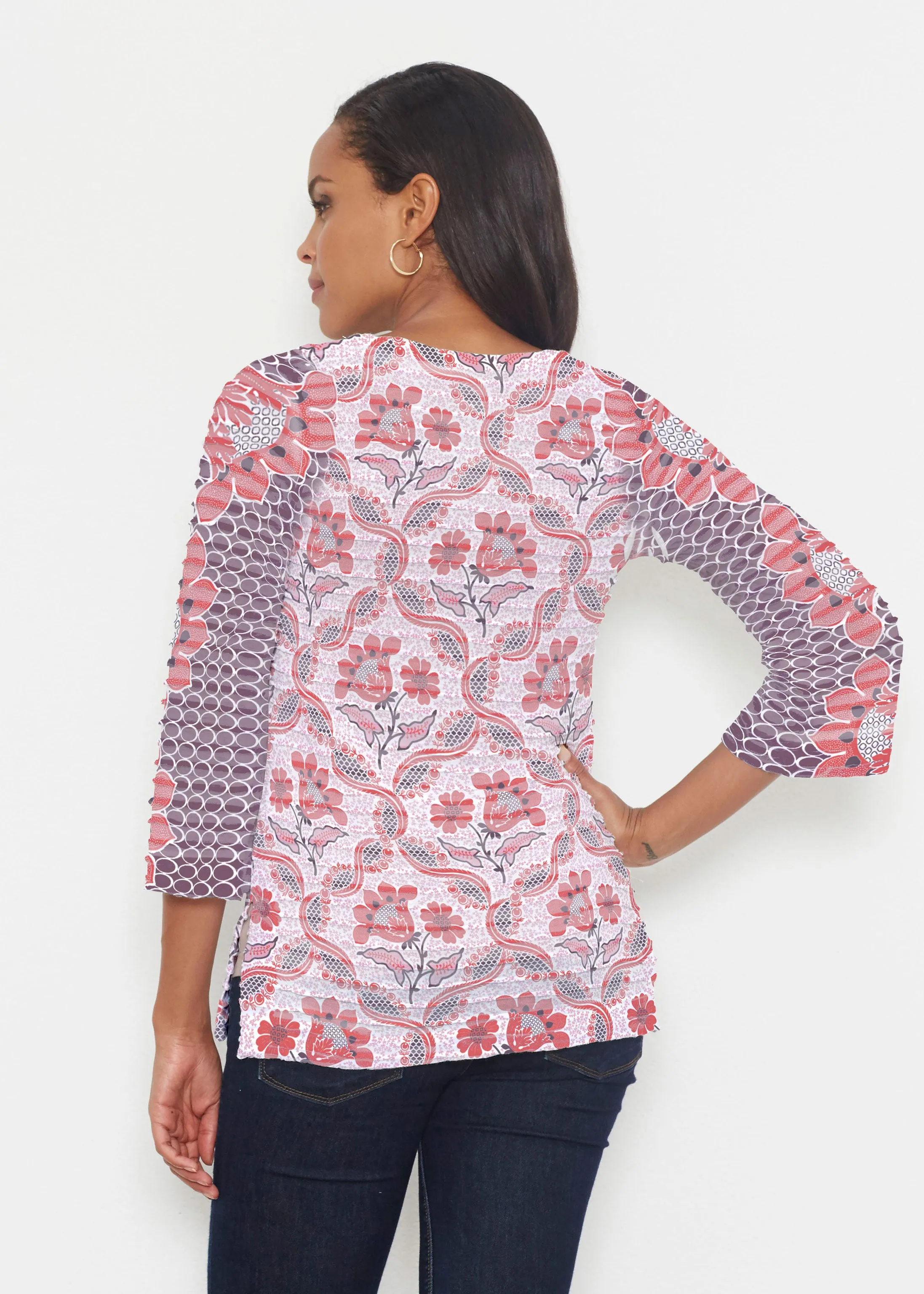 Lattice Floral (7959) ~ Banded 3/4 Bell-Sleeve V-Neck Tunic