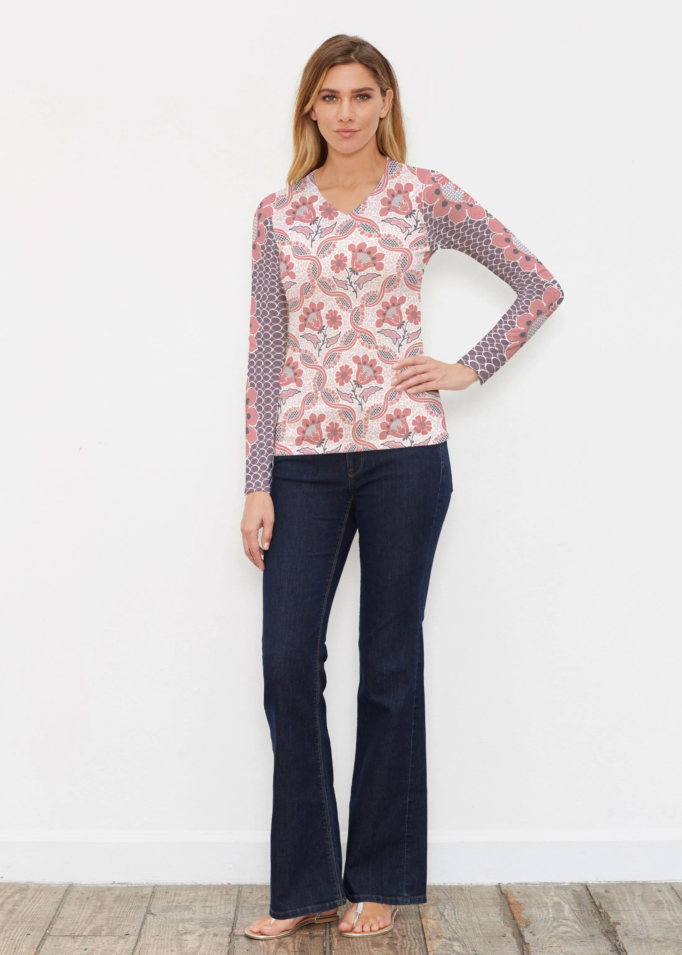 Lattice Floral (7959) ~ Butterknit Long Sleeve V-Neck Top