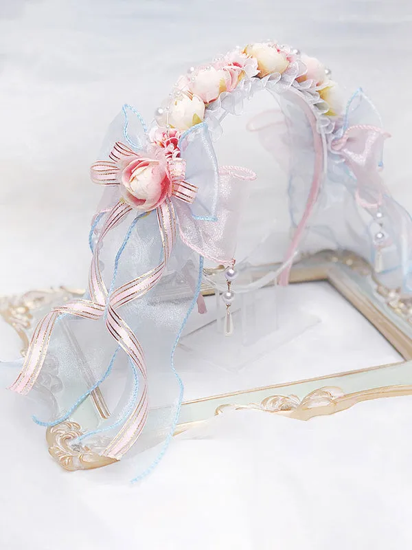 Lolita Wedding Headband KC Flower Ribbons Bows Lolita Hair Accessories