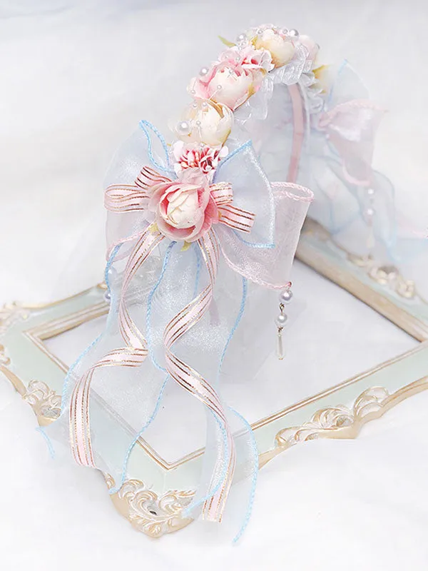 Lolita Wedding Headband KC Flower Ribbons Bows Lolita Hair Accessories