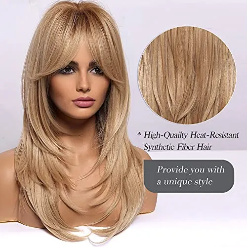 Long Ash Blonde Wigs With Bangs