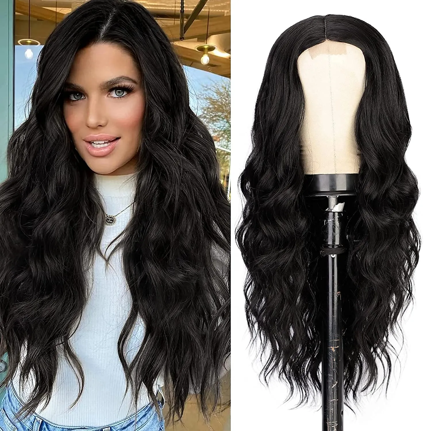 Long Middle Part Black Natural Curly Wig for Women