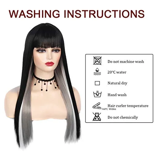 Long Straight Half Color Half Black Wigs With Bangs