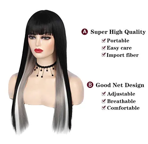 Long Straight Half Color Half Black Wigs With Bangs