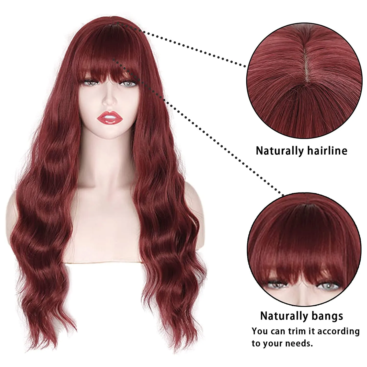 Long Wavy Wine Red Wigs for Women