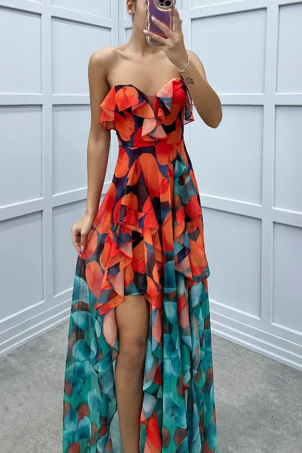 Loving Moment Gradient Unique Print Flowing Layered Ruffles Strapless Slit Maxi Dress