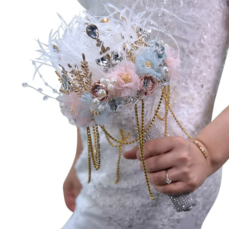 luxury Bridal brooch bouquet crystal Pearl Jewelry Wedding Bouquet custom made Silver Retro Bride's bouquets