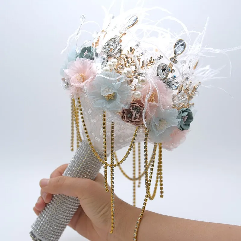 luxury Bridal brooch bouquet crystal Pearl Jewelry Wedding Bouquet custom made Silver Retro Bride's bouquets
