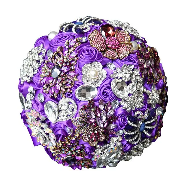 Luxury Crystal Rhinestone Elegant Purple Bridal Holding Flowers Bridesmaid Bouquet Handmade Jewelry Wedding Accessories