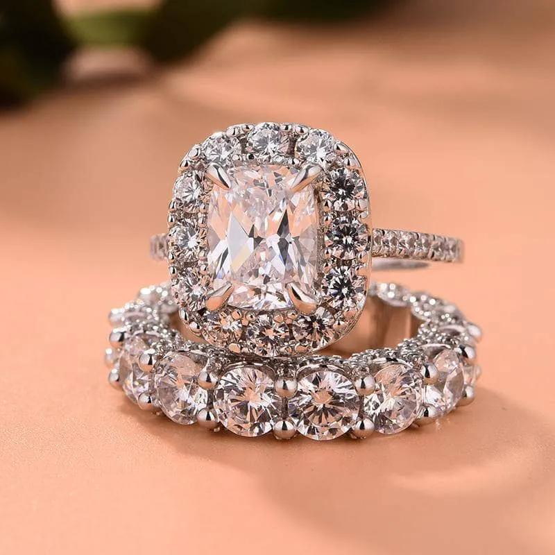 Luxury Eternity Halo Cushion Cut Wedding Ring Set