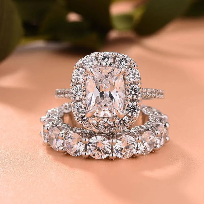 Luxury Eternity Halo Cushion Cut Wedding Ring Set