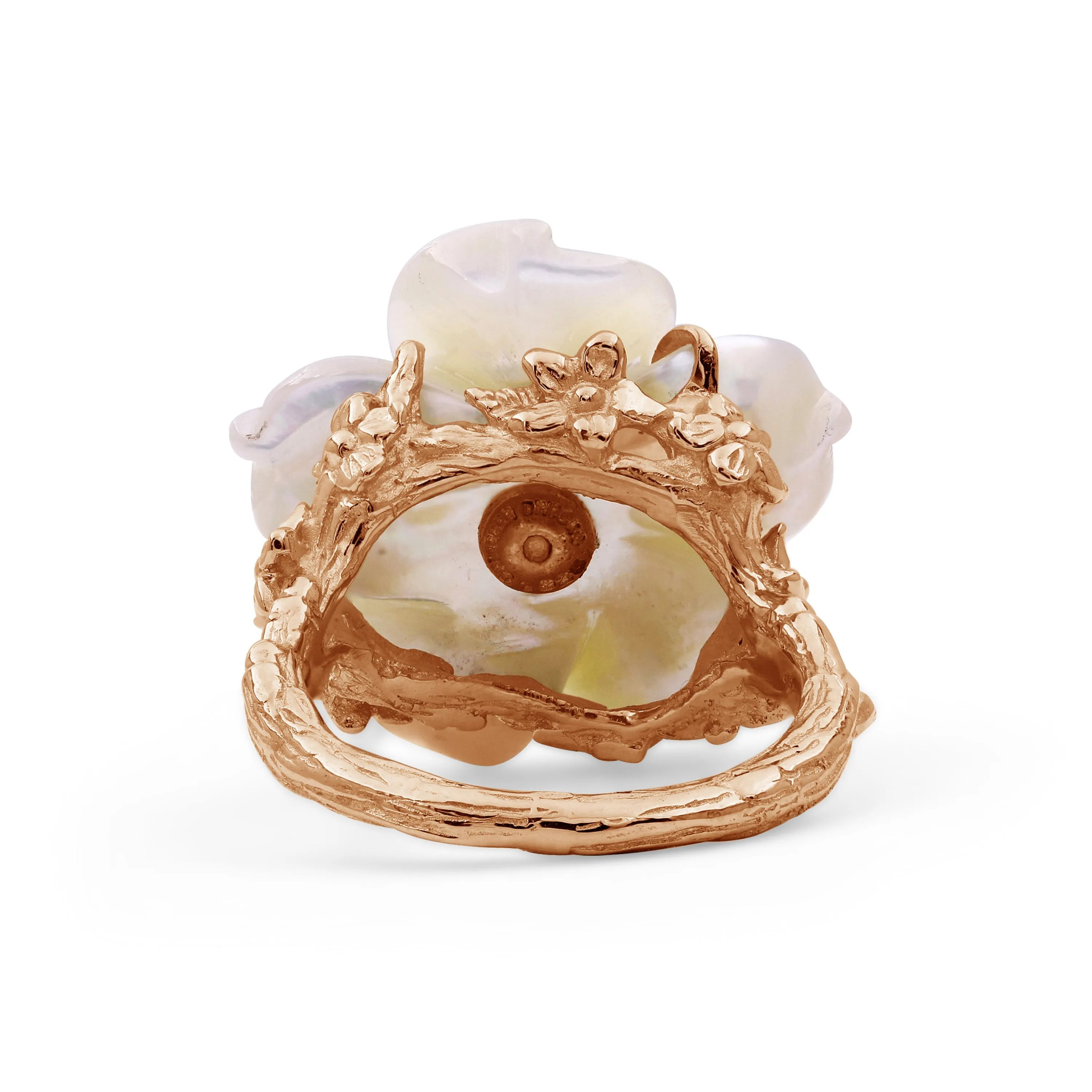 Luxury Hand Carved Mother of Pearl and Diamond Ring in 18K Rose Gold
