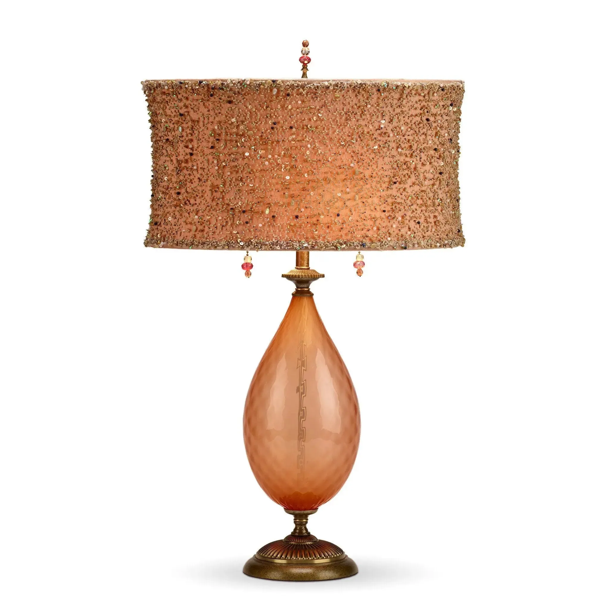 Margie Table Lamp 83AF86 by Kinzig Design, Peach Blown Glass, Beaded Overlay Silk Shade