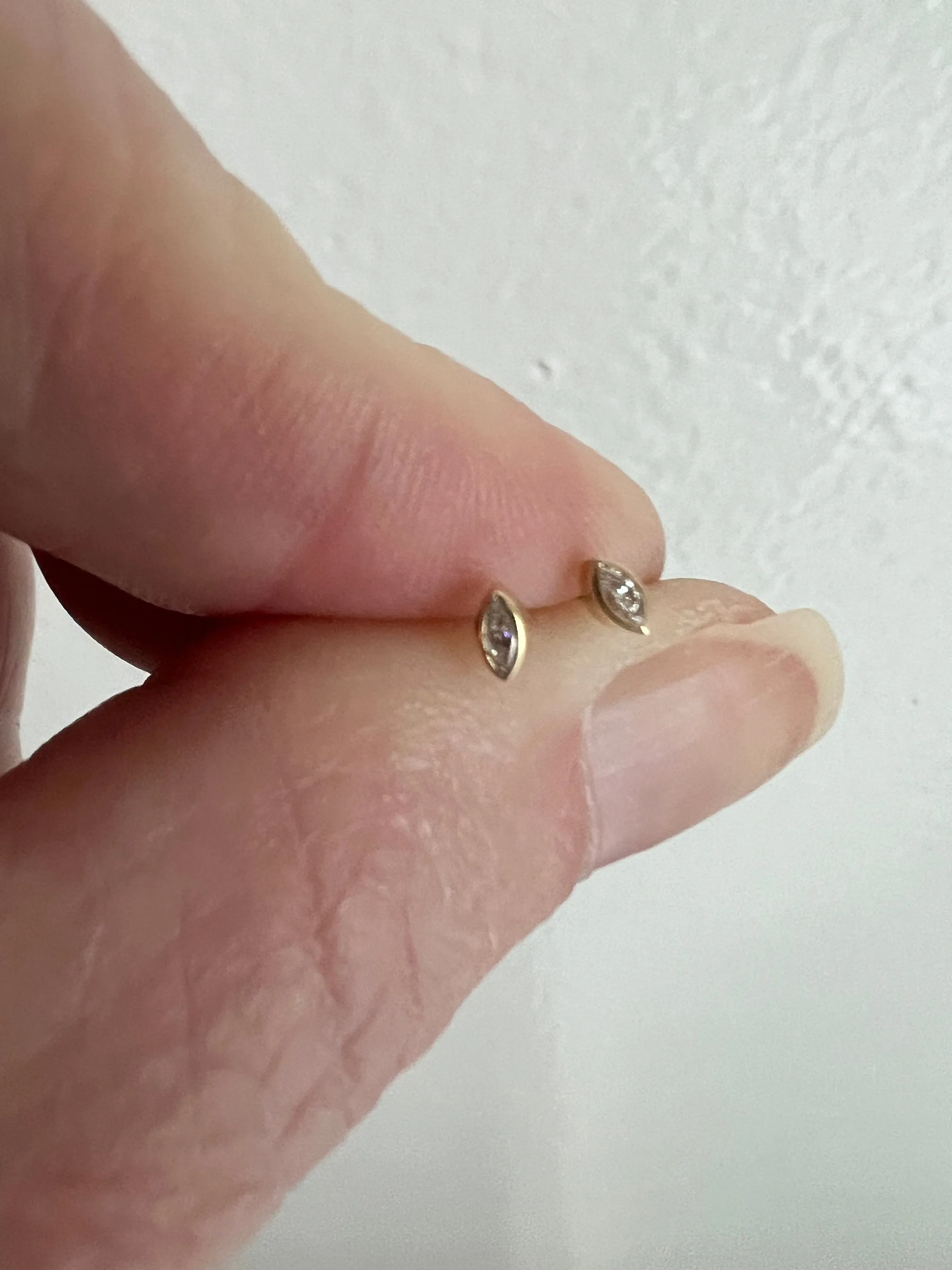 Marquise Cut Diamond Stud Earrings in Solid 14K Yellow Gold, Bezel Set, Small, Natural Diamond.