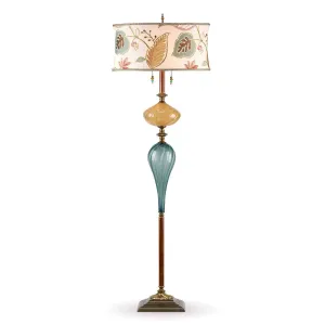 Micah Floor Lamp F173 Af 147 by Kinzig Design, Jade, Gold Blown Glass, Cream ,Gold, Pink, Green Embroidered Shade