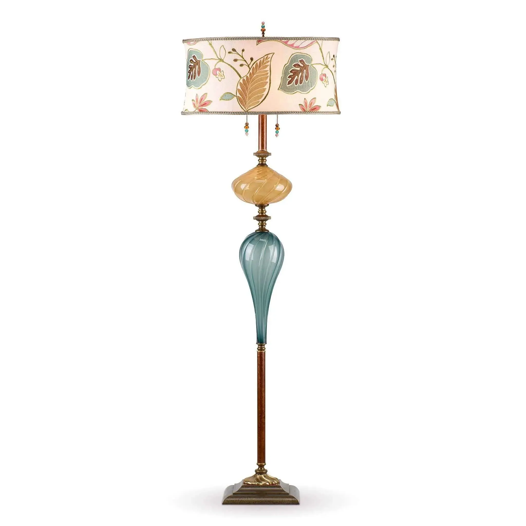 Micah Floor Lamp F173 Af 147 by Kinzig Design, Jade, Gold Blown Glass, Cream ,Gold, Pink, Green Embroidered Shade