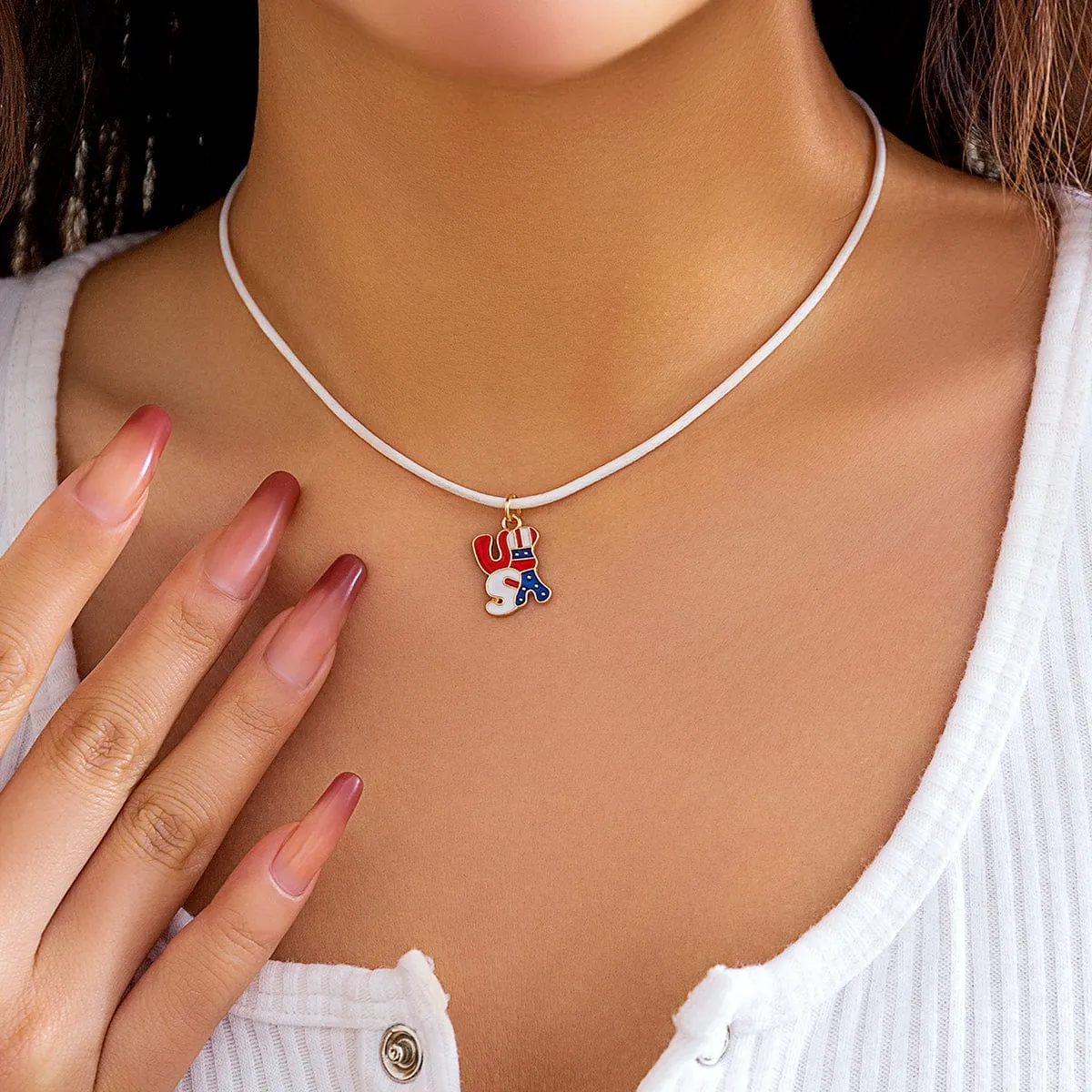 Minimalist American Flag Element Pendant Wax Cord Necklace
