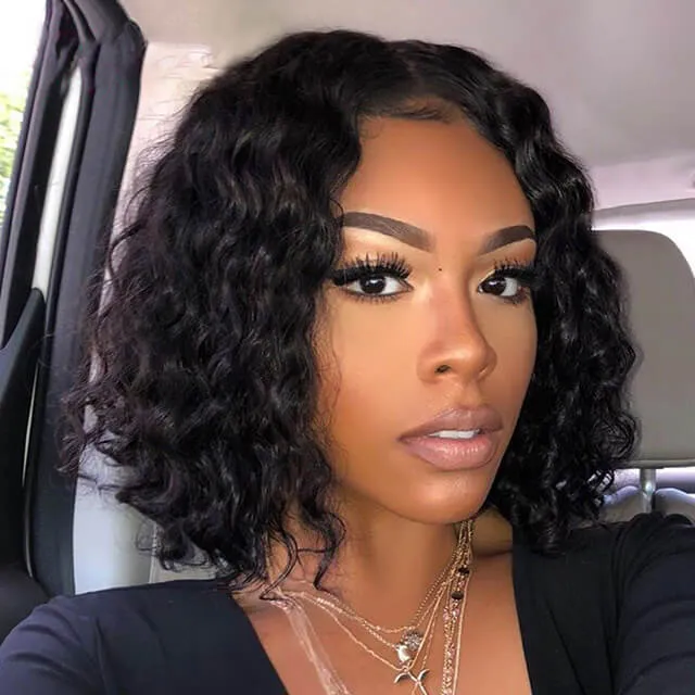 Minimalist Short Bob: Glueless T Part Lace Front Curly Wig Natural Black Human Hair