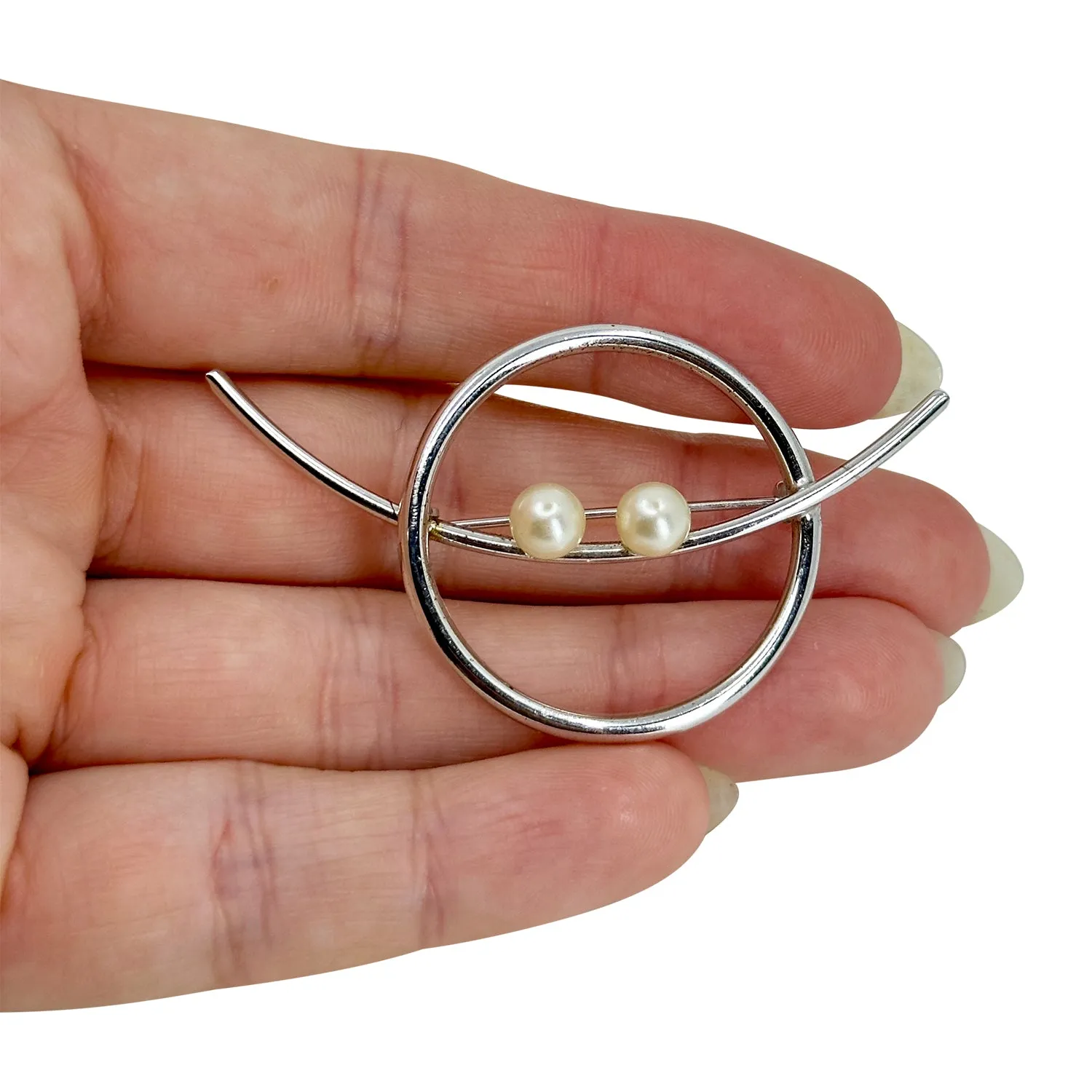 Modernist MCM Beau Vintage Japanese Saltwater Cultured Akoya Pearl Brooch- Sterling Silver