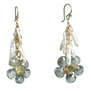 Moss Aquamarine and Ivory Biwa Pearl Earrings P233 by Calico Juno Designs, Bonnie Riconda