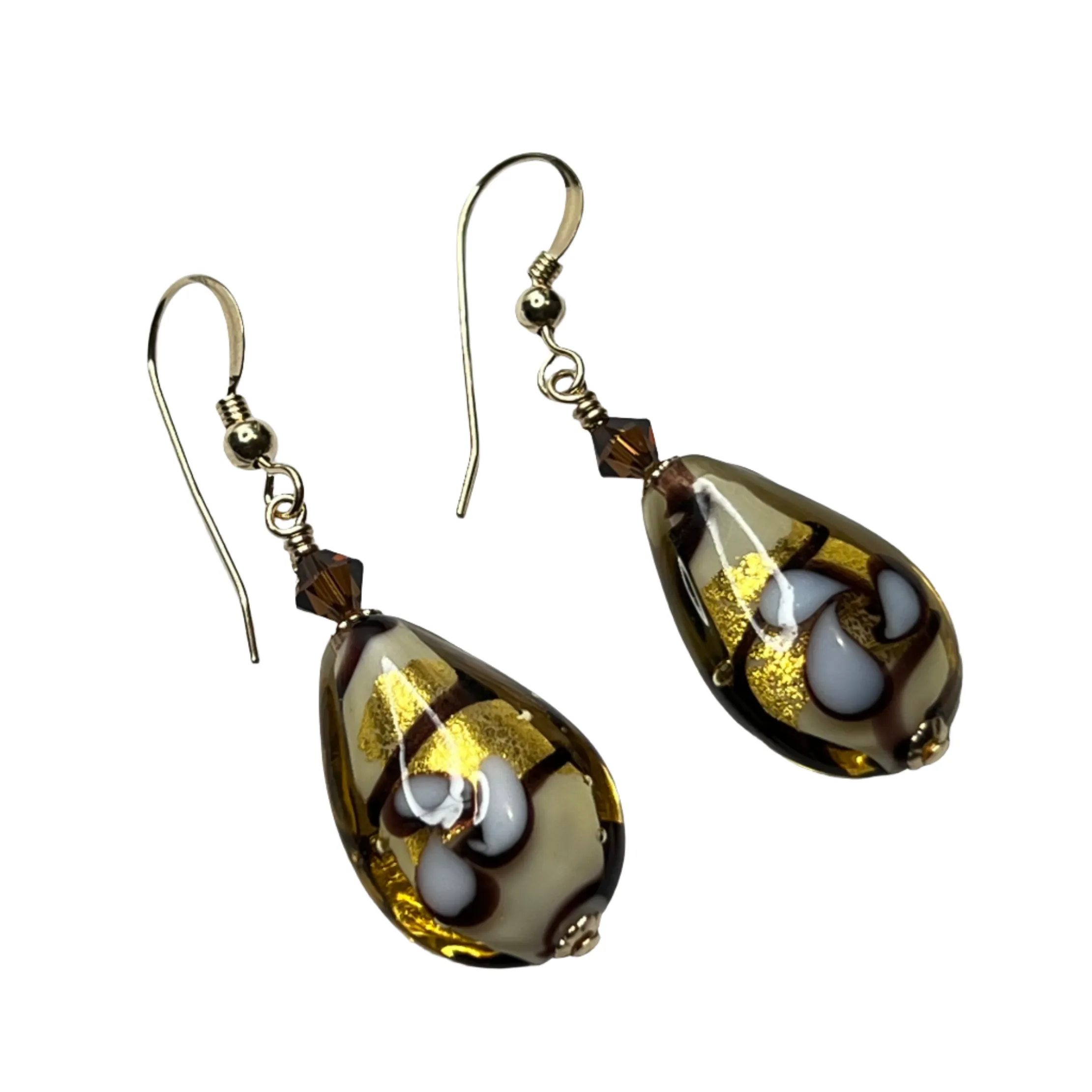 Murano Glass Italian Brown Teardrop Flower Gold Earrings