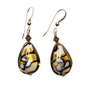 Murano Glass Italian Brown Teardrop Flower Gold Earrings