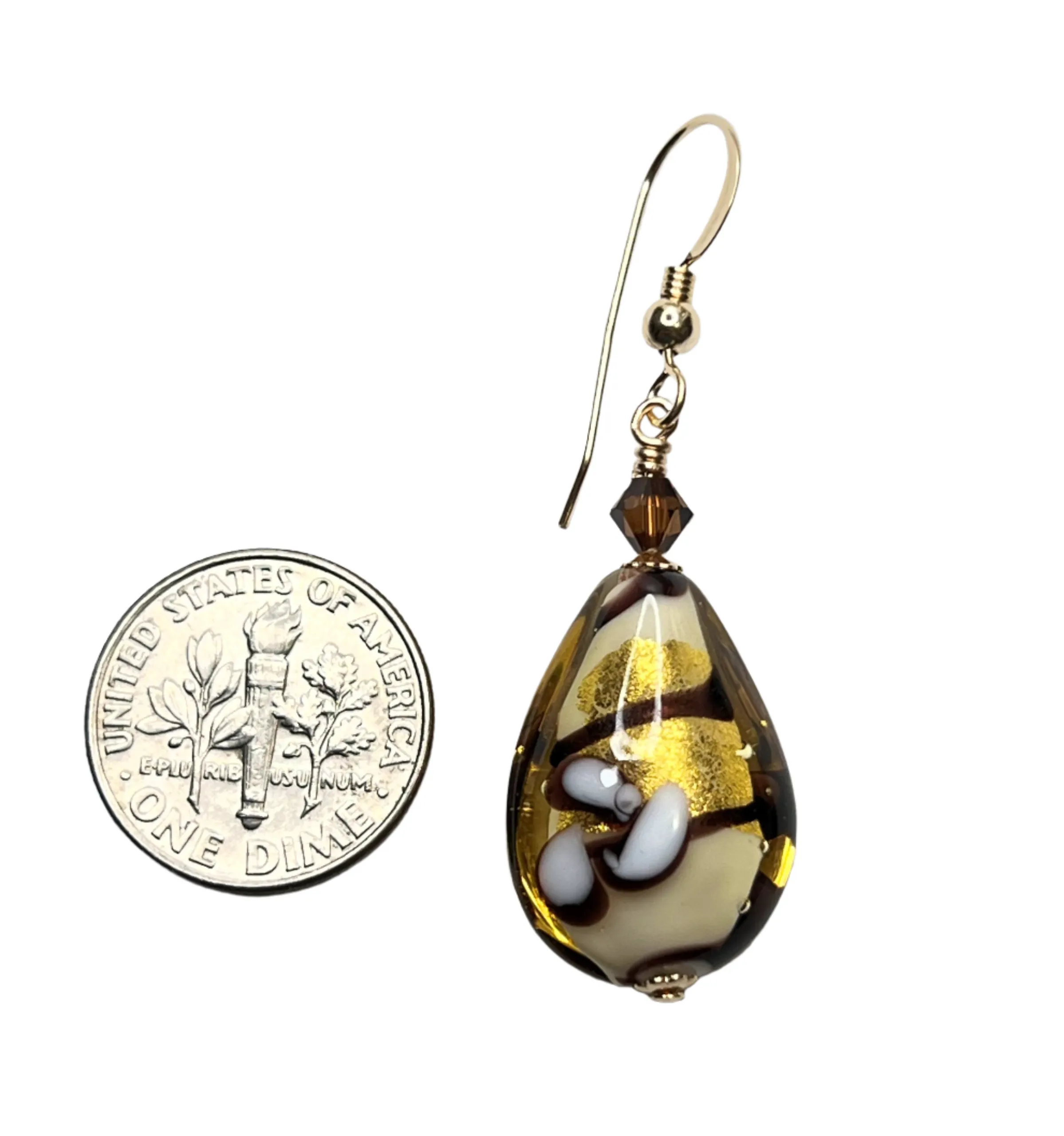 Murano Glass Italian Brown Teardrop Flower Gold Earrings