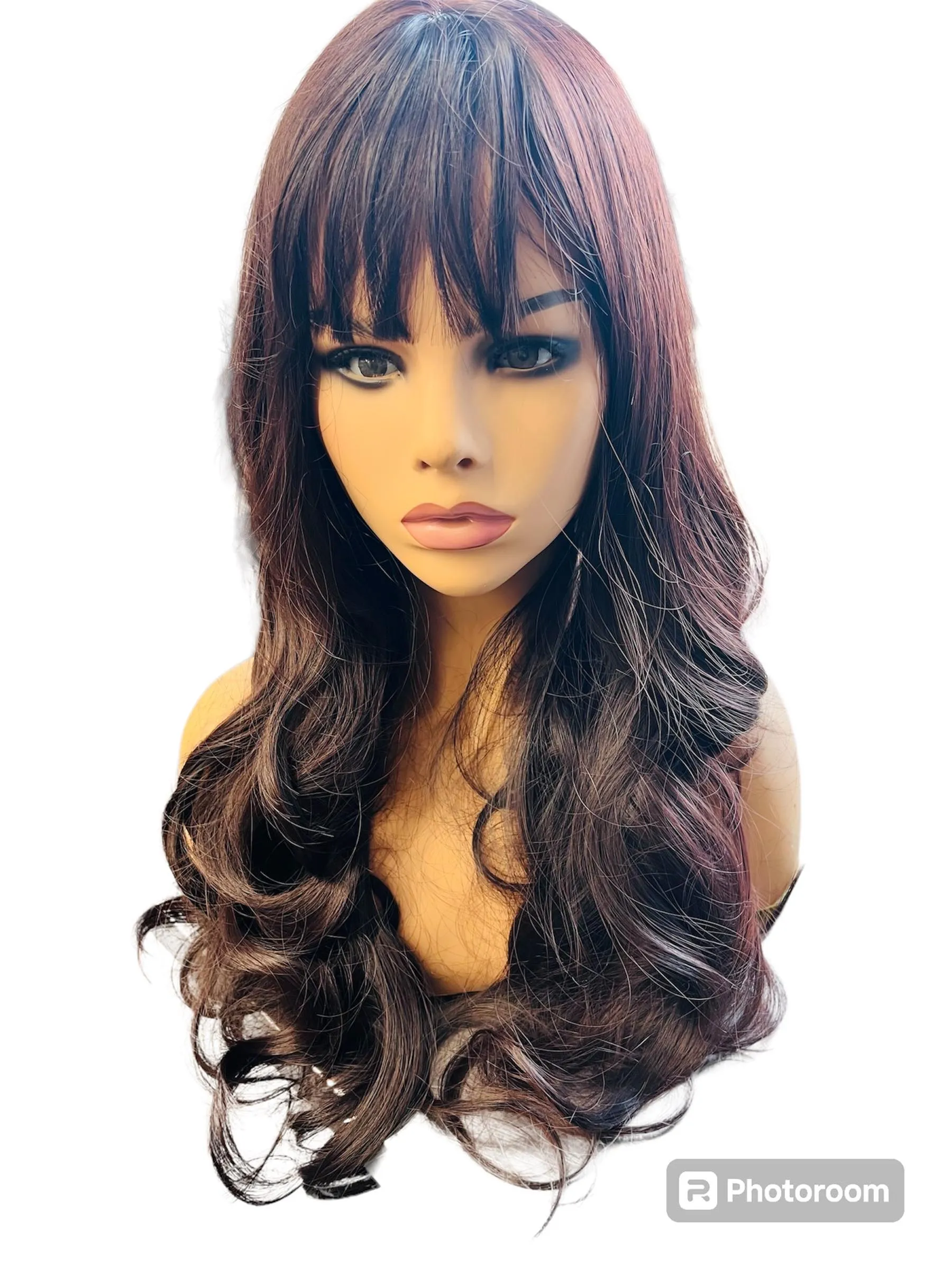 New Beautiful Natural Look & Feel Long Synthetic Wig Wavy Hair Wigs With Bangs For Women Heat Resistant Fibre Dark Brown Synthetic Hair Wig Cosplay Party