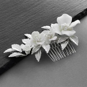 Off-White Resin Flowers, Crystals and Matte Silver Leaves Hair Comb