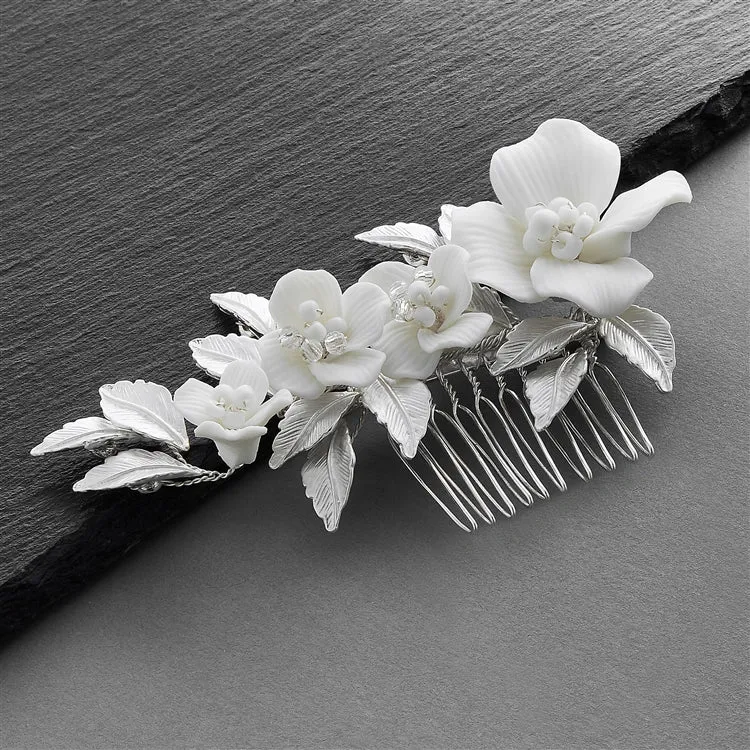 Off-White Resin Flowers, Crystals and Matte Silver Leaves Hair Comb