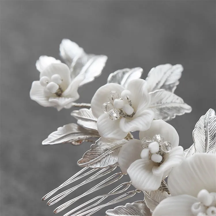 Off-White Resin Flowers, Crystals and Matte Silver Leaves Hair Comb