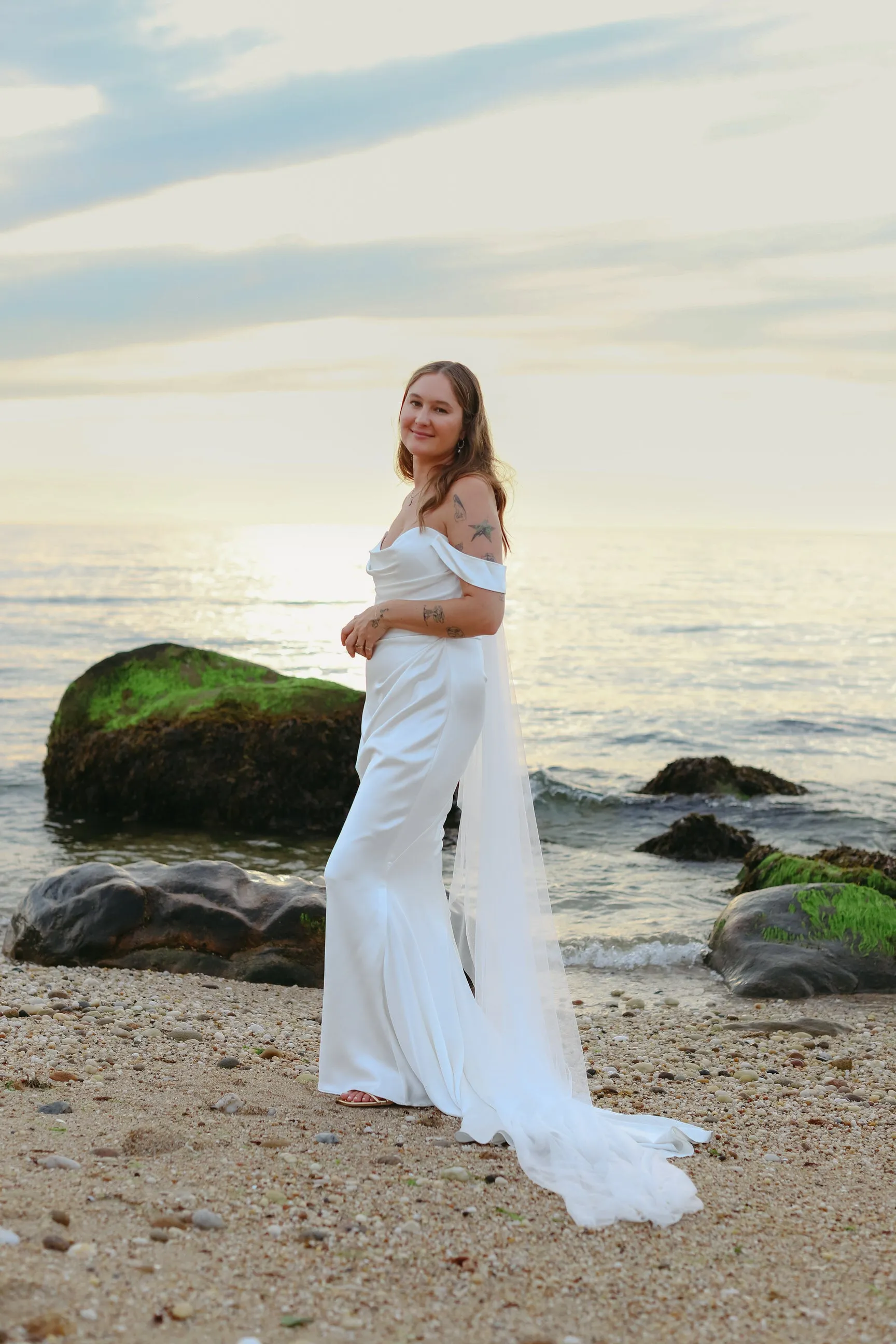 Off White Silk Cascade One Tier Wedding Veil in Chapel Length
